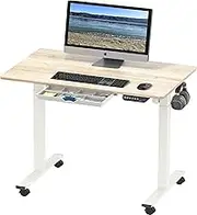SHW 100 x 60 cm Mobile Electric Height Adjustable Sit to Stand Desk with Drawer, Hanging Hooks and Cable Management, Maple