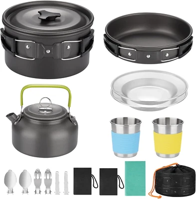 Camping Cooking Set 17Pcs - Aluminum Non-Stick Pot Pan Kettle with 2 Stainless S