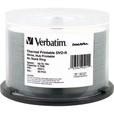 Verbatim 95211 50Pk DVD-R 16X 4.7GB White Thermal DataLifePlus PRINTABLE Spindle