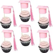 Gyufise 24Pcs 3D 2025 Graduation Cap Cupcake Toppers DIY 2025 Congrats Grad Cupcake Picks Graduation Cap with Tassels 2025 Congrats Cupcake Picks for Grad Theme Party Supplies Light Pink