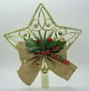 Gold Shiny Star Christmas Tree Topper Burlap Bow 8 3/4" across NEW