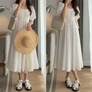 Puff-Sleeve Plain Midi A-Line Dress White - S