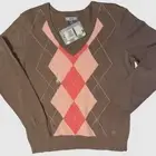 NWT $50 IZOD ARGYLE FRONT MOCHA HEATHER COTTON KNIT SWEATER V-NECK LONG SLEEVE L