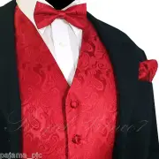 Red Paisley Tuxedo Suit Dress Vest Waistcoat & Bow tie Hankie Wedding Prom