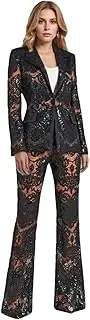 [Zadaos] Women's 2 Pcs Set Notched Single Buttons Hollow Out Sequin High Waist Full-Length Pants Suit