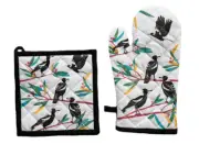 Kitchen Oven Glove & Pot Holder Set - Australian MAGPIE Birds 100% Cotton
