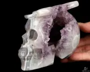 ORIGINAL 5.0" Agate Amethyst Geode Carved Crystal Skull & Butterfly, Healing