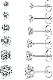 [Wssxc] 5 Pairs Stud Earrings Set, Hypoallergenic Cubic Zirconia 316L Earrings Stainless Steel CZ Earrings 3-8mm (Steel color)