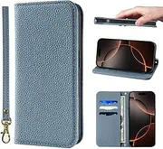 NanHou iPhone 16 Pro Max Case Leather Case RFID Blocking Folio Wallet Case Magnetic Closure Kickstand Wrist Strap Card Holder Shockproof Flip Cover - Linen Blue