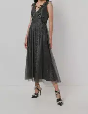 $2985 Christopher Kane Womens Black Metallic Sleeveless V-Neck Fit Flare Dress 8