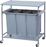 Laundry Hamper Trolley with Slide Tray 3 Washing Basket Bag Sort + Ironing Board,Grey