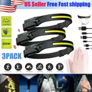 3 PACK COB+LED Headlamp Headlight Torch Flashlight Work Light Bar Head Band Lamp