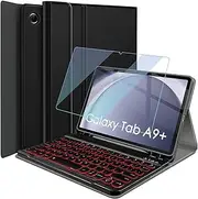 [Wineecy] Backlit Keyboard Case for Samsung Galaxy Tab A9 Plus 11 Inch 2023 (SM-X210/X216/X218) with Screen Protector, 7 Colors Light Detachable Wireless Keyboard & PU Folio Cover Case for 11” Tab A9+
