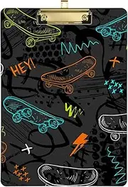 Hand Drawn Skateboard Doodle Clipboard Plastic A4 Letter Size 9" x 12.5" with Low Profile Metal Clip for Students, Women, Men and Kids