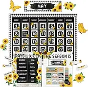 Sunflower Calendar Bulletin Board Set for Classroom Decoration Sunflower Calendar Seasons Weather Chart Summer Flower CTP Bulletin Board Paper-Cuts for Teachers Elementary School Classroom