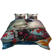 Fine Art Flying Fish Beautiful Girl and the Koi Pond Coverlet