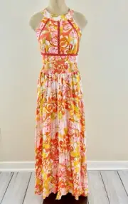 ABEL THE LABEL ANTHROPOLOGIE NWT XS Orange Yellow Floral Maxi Open Back Dress