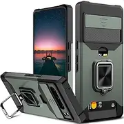 [rojarou] for Google Pixel 8 Pro Case with [Card Holder[ and [Slide Camera Cover] and [360° Rotate Ring Kickstand] Heavy Duty Protective Phone Cover Case for Pixel 8 Pro 5G -Green
