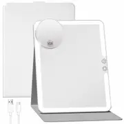 Portable Large Travel Makeup Mirror with Light, Rechargeable Makeup Mirrors with 3 Color Lights, Dimmable Folding with Small 10x Mirror (White)