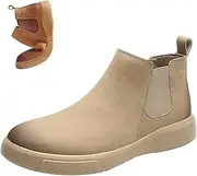 [Vimlo] Men's High Top Leather Elastic Chelsea Boot Slip-On Barefoot Casual Flat Walking Booties Casual Work Dress Ankle Boots(Beige,40)