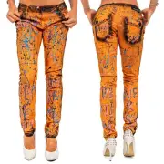 Cipo & Baxx Women's Slim-Fit Jeans Extravagant Pattern Color Splashes Rhinestone