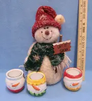 Snowmen Tea Light Candle Holder Set of 3 w/ Cute Weighted Snowman Decor Winter
