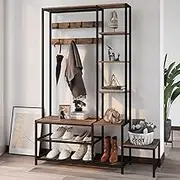 Hall Tree with Shoe Storage Bench Coat Rack with 7 Hooks Interchangeable 4 Tier Side Storage Shelves Small Cute Side Bench Industrial 5-in-1 Entryway Coat Rack for Hallway Mudroom Bedroom