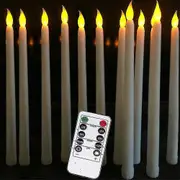 Set Of 10 Battery Operated Led Taper Candles With Remote, Ivory Dining Candles Smooth Wax Finish, Warm White Led