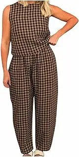 [Generic] Fashion Summer Cotton 2 Piece Outfits for Women Casual Plaid Print Sleeveless Crew Neck Vest Top High Waist Pants Set Chic