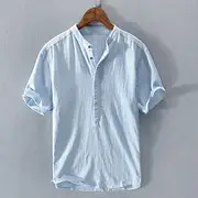 Men's Shirt Linen Shirt Popover Shirt Summer Shirt Beach Wear Solid Color Vacation Street White Navy Blue Blue Short Sleeve Band Collar Summer Spring Clothing