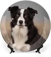 Bone China Decorative Plate Ceramic Dinner Plates Border Collie Ceramic Decorative Plate with Display Stand Art Crafts Ceramic Ornaments for Wall Hanging Decor 8inch