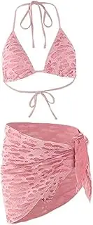 [ａ aternee] Womens Bikini Set Mid Waisted Bottom String Swimsuit Ladies (3 Piece) with Wrap Coverup Triangle Swimwear for Spas Salons