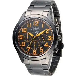 【ALBA】雅柏手錶 IP黑個性潮流三眼碼錶計時男錶-橘刻/AT3527X1(保固二年)