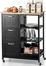 Giantex Kitchen Island on Wheel with Storage, Rolling Cart w/Rubber Wood Countertop, 3 Drawers, Removable Tray & Open Shelves, Lockable Casters, Mobile Serving Trolley for Kitchen Dining Room (Black)