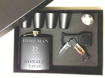 3 Personalized Groomsmen Gift Set box Custom Engraved Pocket Knife Flask Bestman