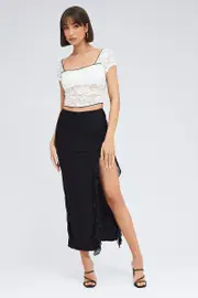 Black Maxi Skirt Front Split Mesh - Size 6, Women's Maxi Skirt
