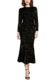 Mac Duggal Burnout Velvet Long Sleeve Ruffle Hem Midi Dress in Black at Nordstrom, Size 14