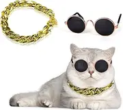 1PCS Round Funny Sunglasses with 1PCS Plastic Hip Hop Gold Chain Necklace Cute and Retro Pet Cosplay Costume Photo Props for Cats or Dogs