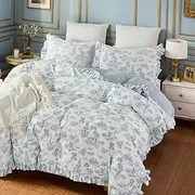 [Brandream] French Country Toile Queen Duvet Cover Set for Girl Women Bedroom Vintage Blue Toile Floral Print 100% Cotton Duvet Quilt Comforter Cover Pillow Shams Set with Delicate Ruffle Fringe