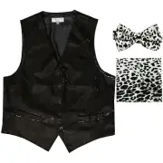 Men's SEQUIN BLACK Tuxedo VEST Waistcoat & BLACK LEOPARD BOW TIE and HANKIE set