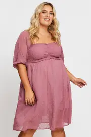 Pink 3/4 Sleeve Chiffon Flocked Midi Dress