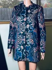 Chico's Blue Black Gold Metallic Brocade Mandarin Collar Blazer Jacket