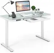 Giantex 120x60 cm Electric Standing Desk with Drawer, Height Adjustable Desk with Whole Piece Tempered Glass Top, Sit Stand Desk with 2 Memory Positions & USB Type-C Outlets for Home Office (White)