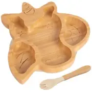 2pc Tiny Dining Beige Bamboo Unicorn Baby Weaning Plate & Fork Set with Suction
