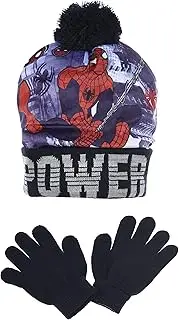 [Sun City] Kids Boys Marvel Spider-Man Bobble Hat and Gloves Set (7-10 Years, Blue)