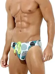 [Casey Kevin] Men's Sexy Swim Briefs Printed Swimsuit Beach Swimwear Bikini Sport with Drawstring CK3002 C1-Green-1pcs XL