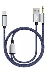 2in1 Aux Cable USB A & 3.5mm Jack to Lightning Jack Audio Adapter Compatible with iPhone iPad Samsung Google Xiaomi Huawei - Blue
