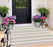 BUAGETUP Khaki and White Outdoor Rug 3'x 5' Hand-Woven Cotton Washable Rug Striped Front Porch Rug Machine Washable Indoor/Outdoor Area Rug Floor Mat for Farmhouse/Layered Door Mats/Living Room