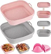 2 Pack Air Fryer Silicone Liners Square Reusable，8.2 Inch Foldable Food Safe Air Fryer Silicone Pot, Non Stick Air Fryer Accessories for Oven, Fits 4 to 7 QT Air Fryer Basket, With Heat-proof Gloves