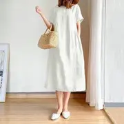 Short-Sleeve Round Neck Plain Midi A-Line Dress White - L